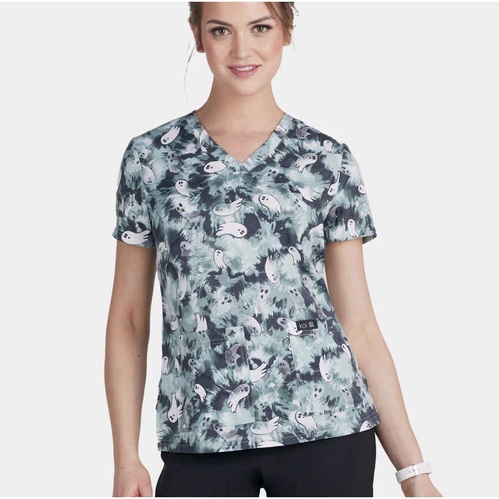 Koi Leslie Ghost City Scrub Top Small Women’s Medical Halloween New With Tags